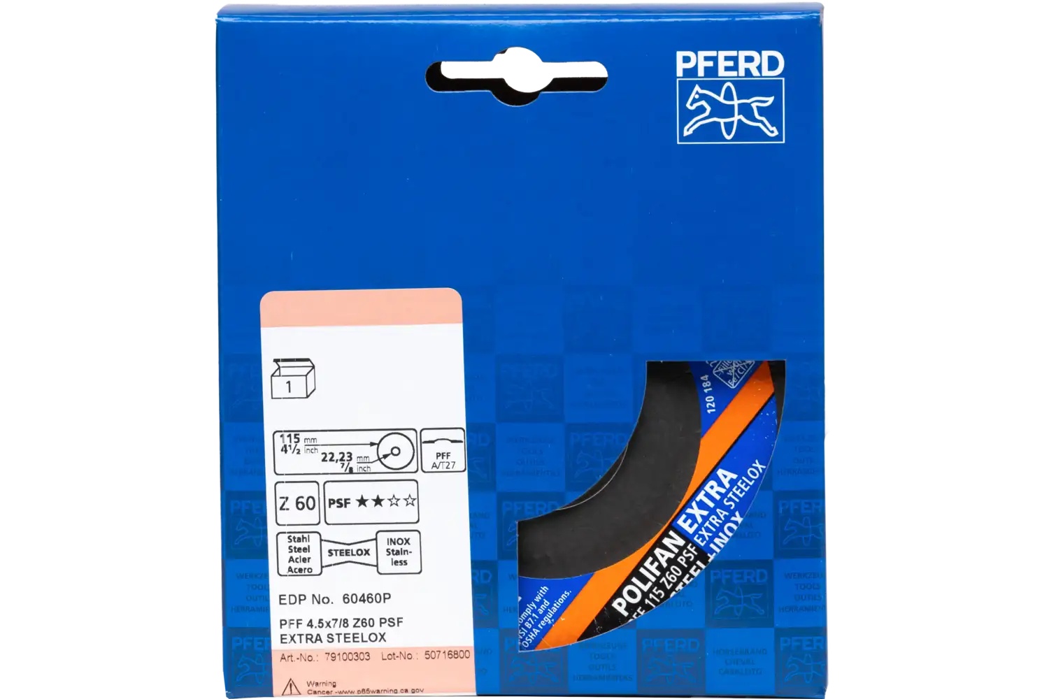 Picture of Pferd Flap Disc, 4-1/2"x7/8, Z PSF Extra Steelox, 60 Grit, T27, Flat, Zirconia, 5PK